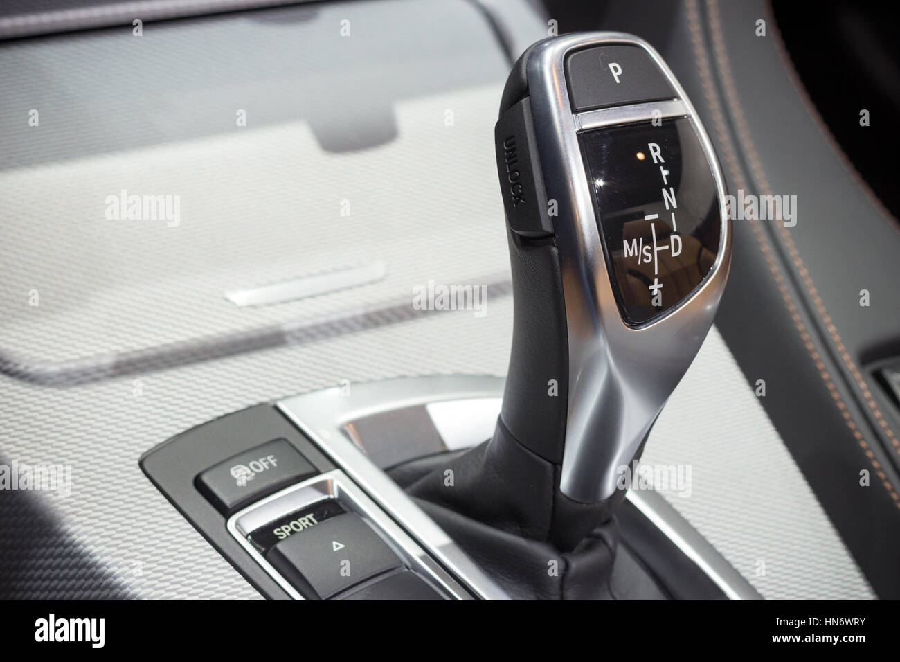 BRUSSELS - JAN 12, 2016: Transmission stick in a BMW 6-series car at the Brussels Motor Show. Stock Photo