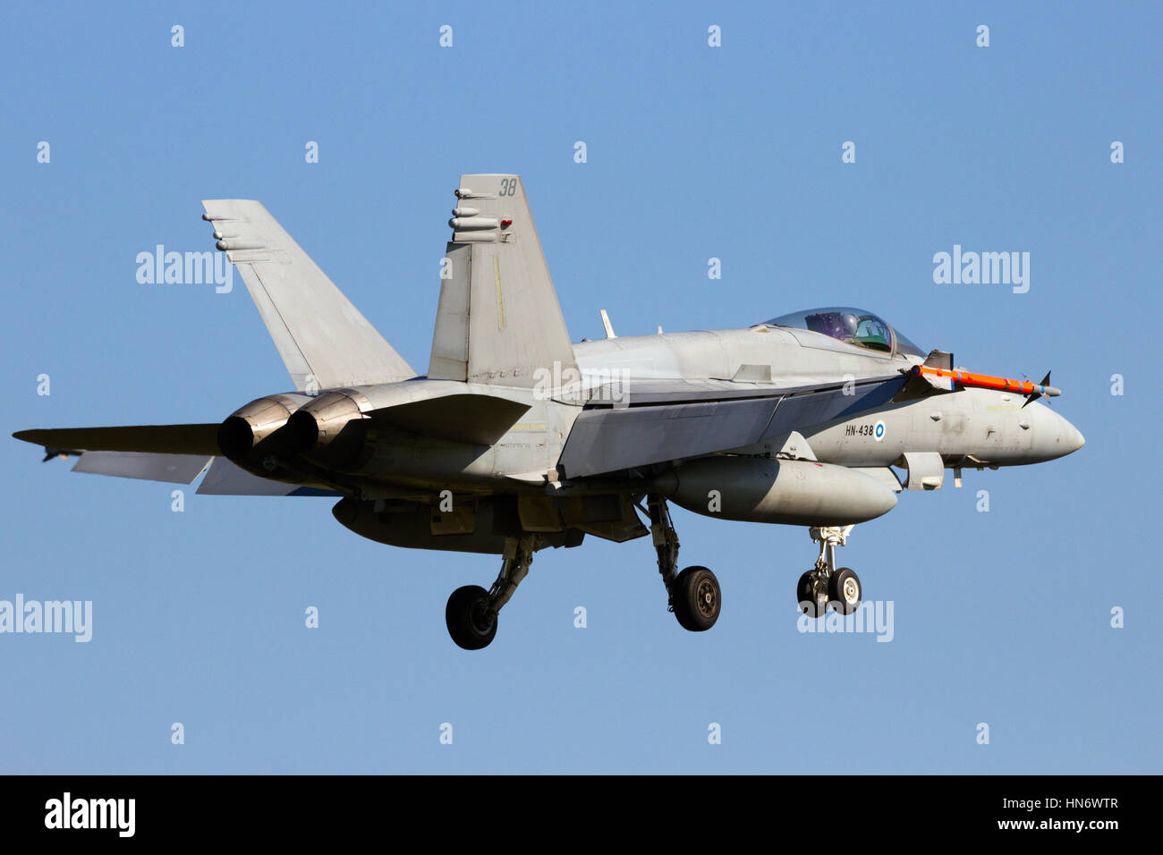 LEEUWARDEN, THE NETHERLANDS - APR 11, 2016: Finnish Air Force F-18C Hornet landing during the exercise Frisian Flag. The exercise is considered one of Stock Photo