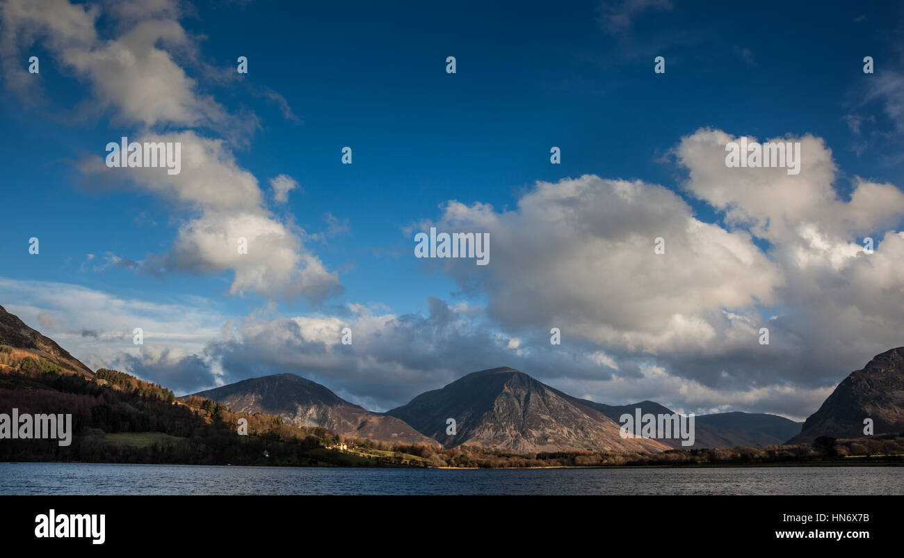 Sunlight on Grasmoor seen across Loweswater, Lake District, Cumbria Stock Photo