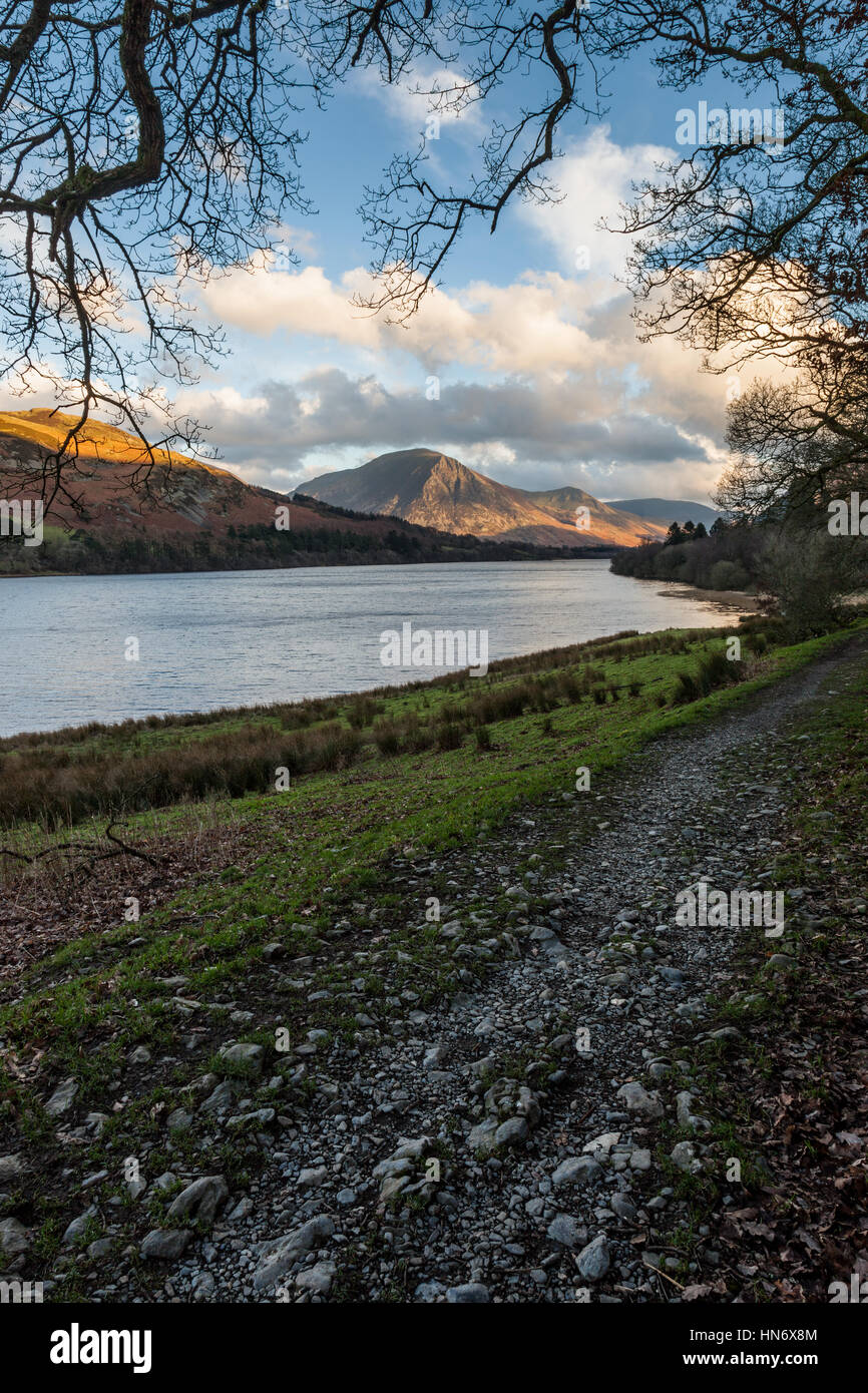 Sunlight on Grasmoor seen across Loweswater, Lake District, Cumbria Stock Photo