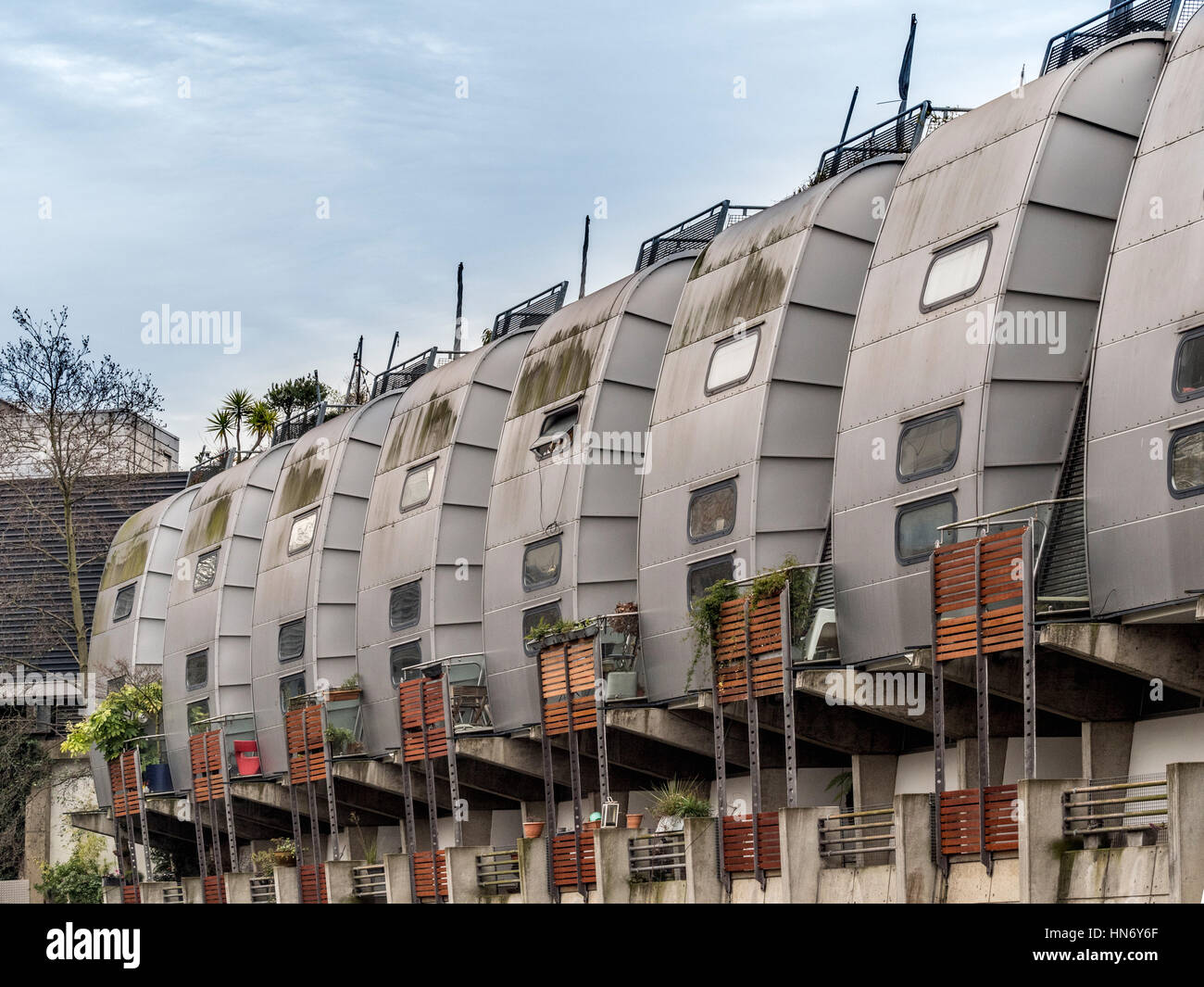 Terrace of houses, part of the Grade II listed Grand Union Complex which overlooks the Camden canal. London Stock Photo