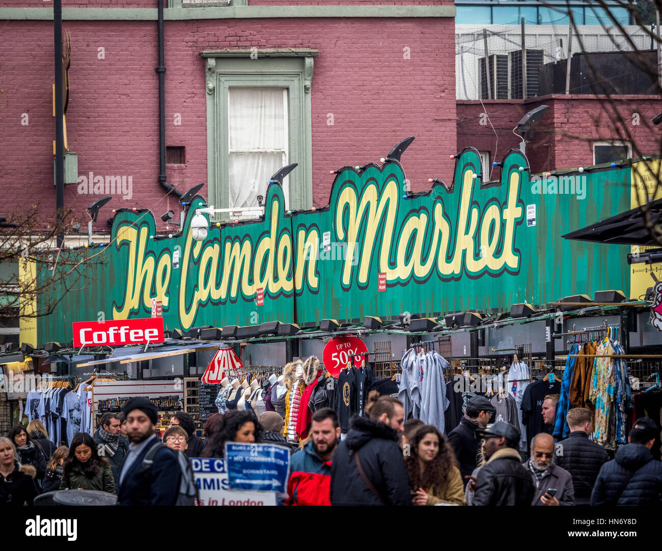 The Camden Market sign with shoppers in Camden High Street, London, UK. Stock Photo