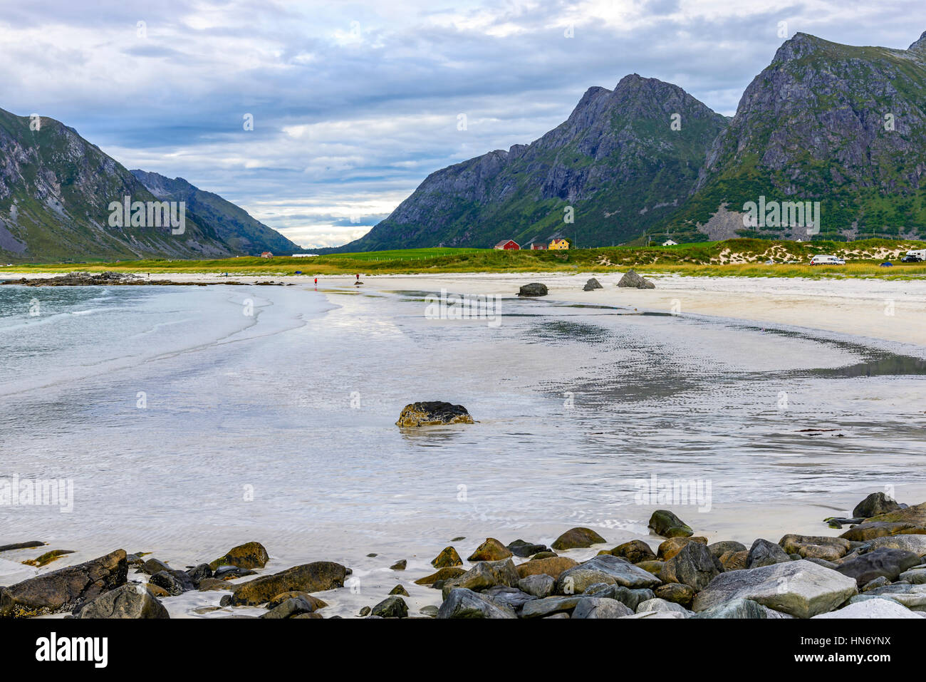 View of Skagsanden Beach, Norway. Skagsanden is one of Lofoten most photographed beaches, especially as a location for northern lights in winter. Stock Photo