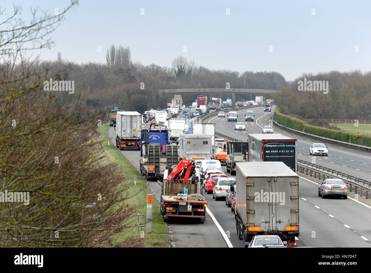 Stationary traffic on the M3 motorway at Shepperton Surrey UK Stock Photo