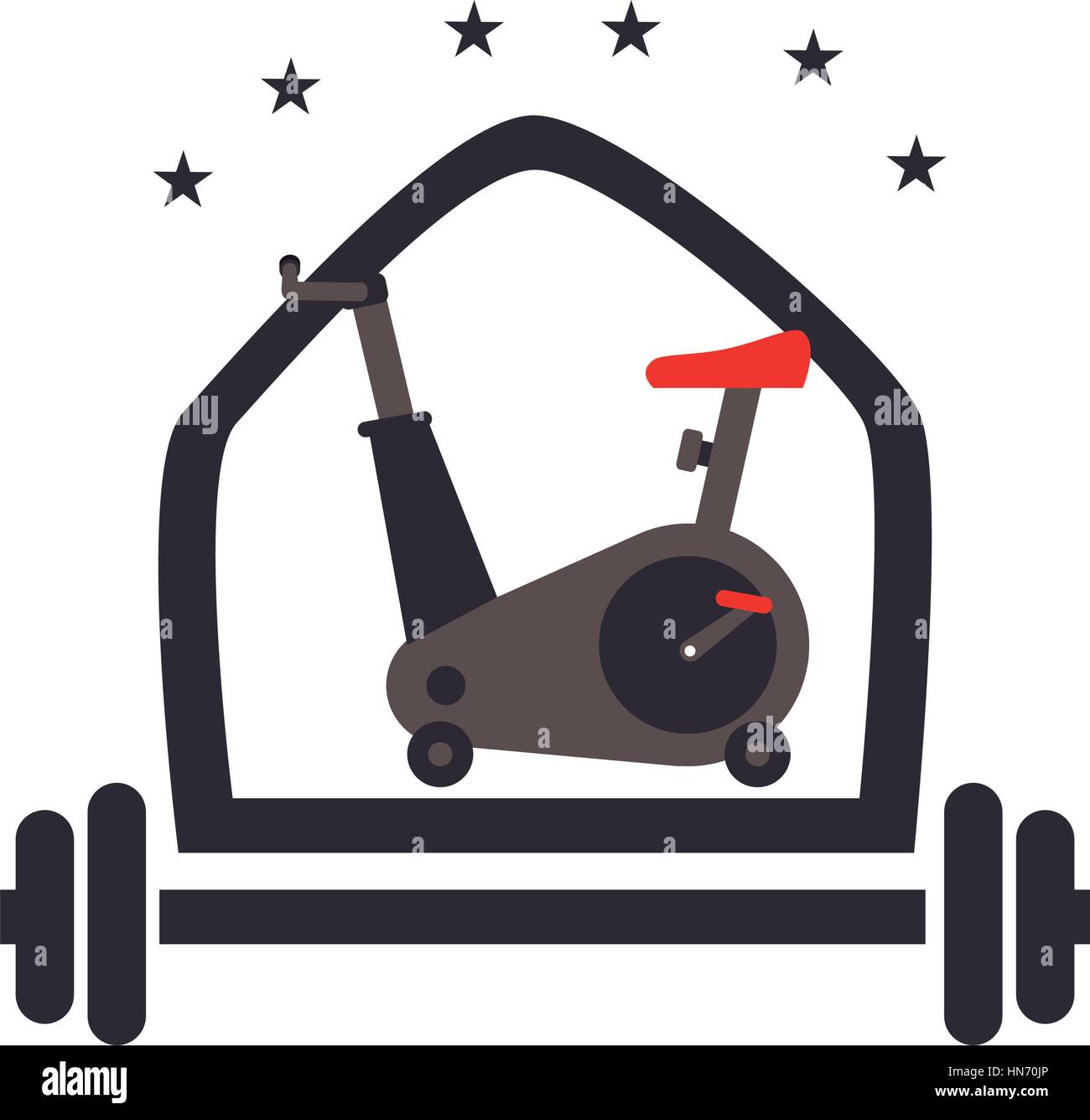 color silhouette with shield with weighlifting bar and spinning bike and arc with stars Stock Vector