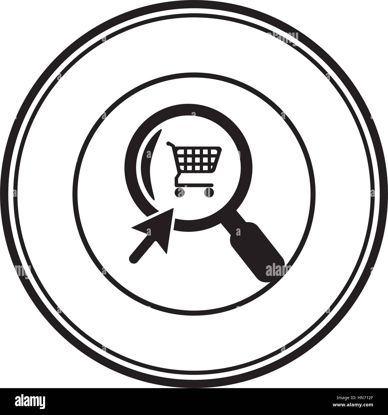 monochrome circle with shopping cart in magnifying glass vector