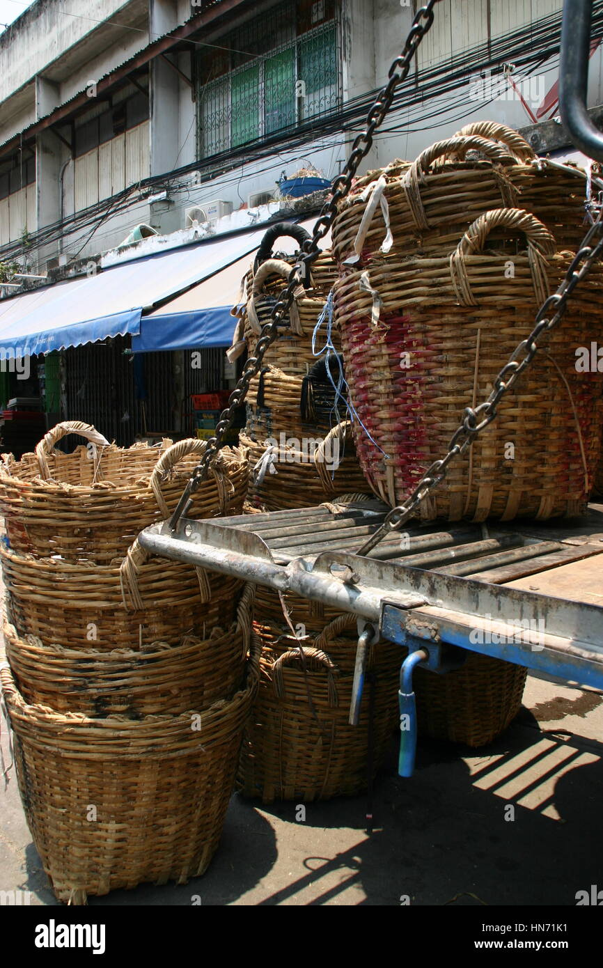 Bamboo basket used to transport fruit and fish Stock Photo