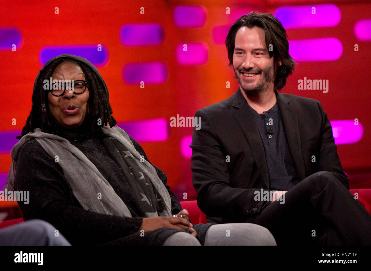 left to right) Whoopi Goldberg and Keanu Reeves during the filming 