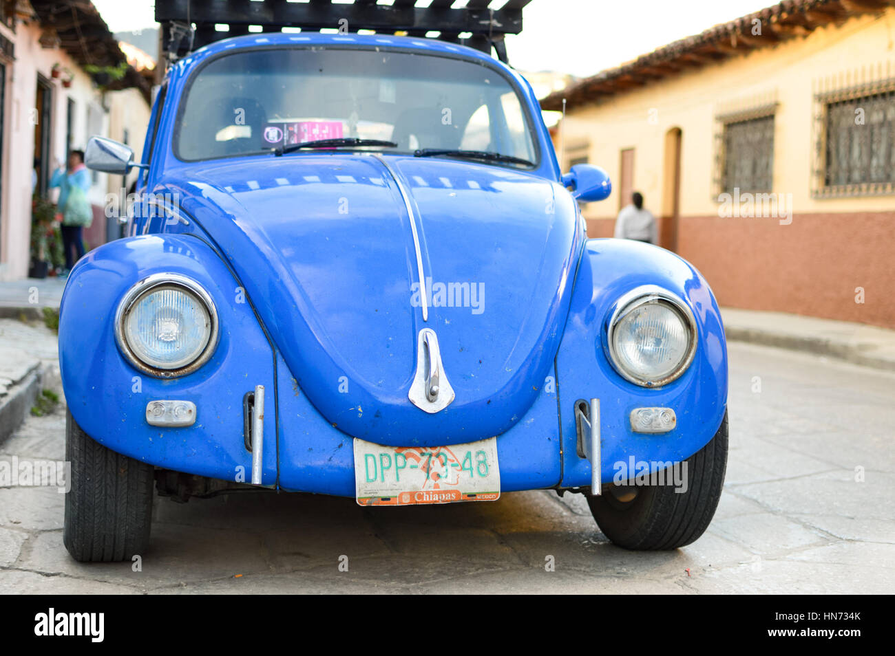 San Cristobal De Las Casas, Mexico - December 4, 2014: Old blue car is parked in the streets of the colonial town of San Cristobal De Las Casas on Dec Stock Photo