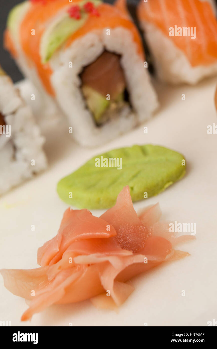 Close-up of fish fillet in sushi plate Stock Photo