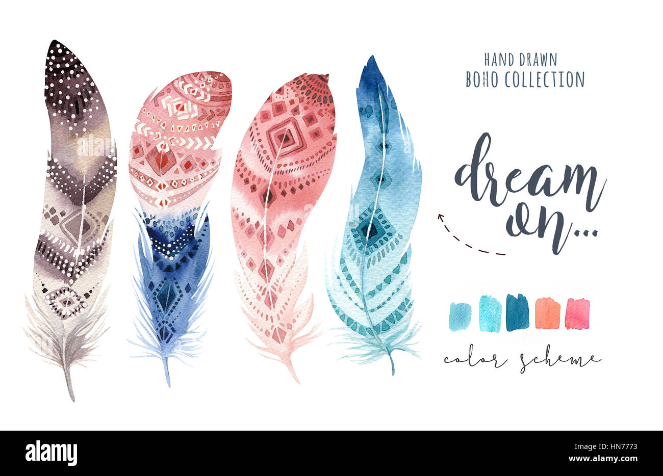 Hand drawn watercolor paintings vibrant feather set. Boho style Stock ...