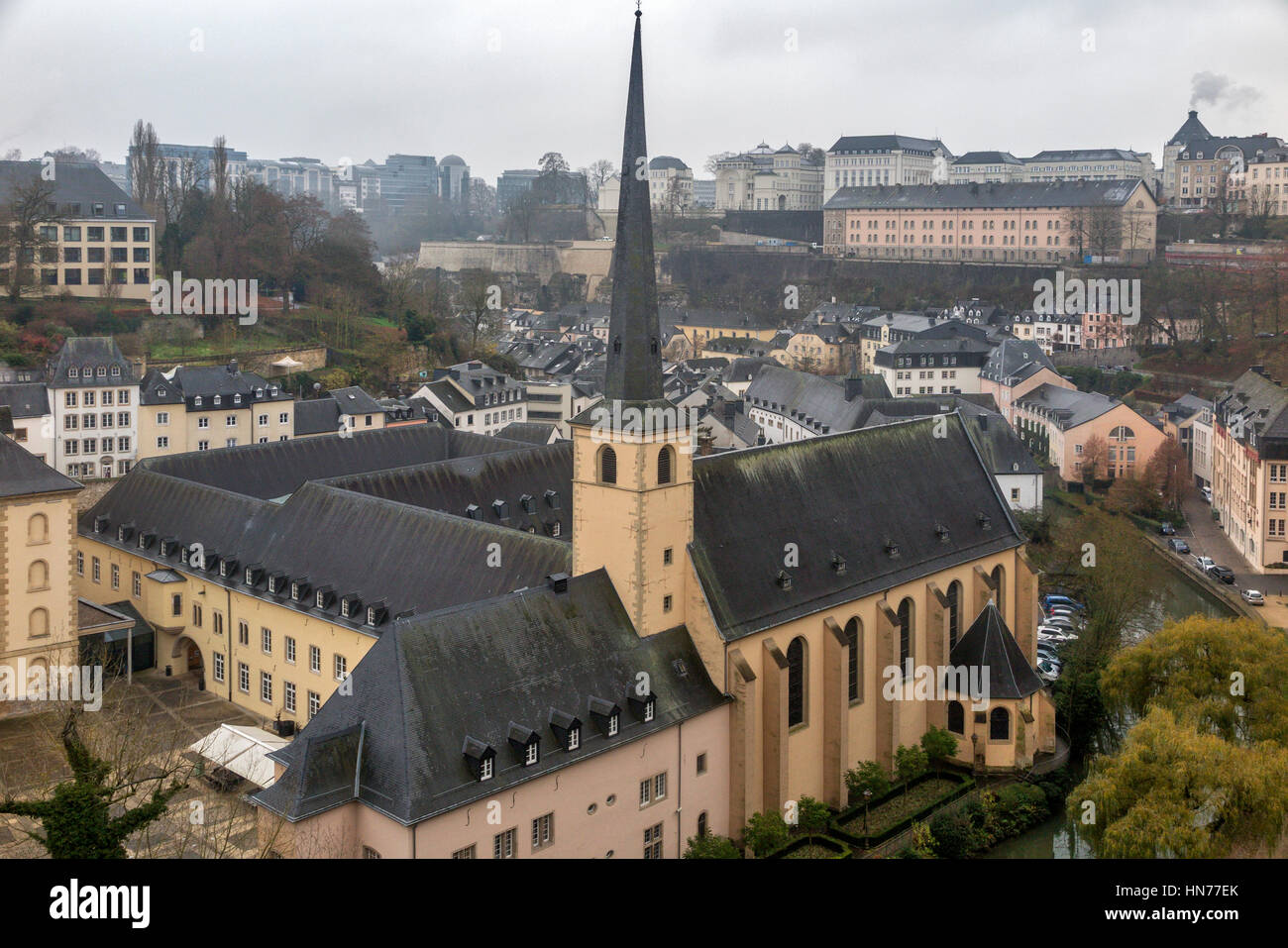 Luxembourg city Neumunster Abbey, St Jean du Grund Church, Alzette River Stock Photo