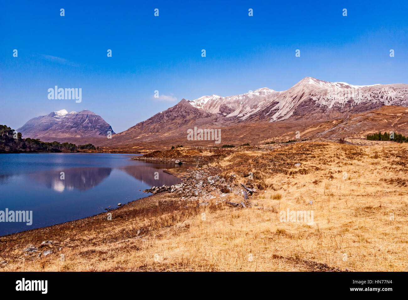 Famous Torridon mountains Liathach (L)and Beinn Eighe (R) viewed from Loch Clair in Glen Torridon Scottish Highlands Scotland UK Stock Photo