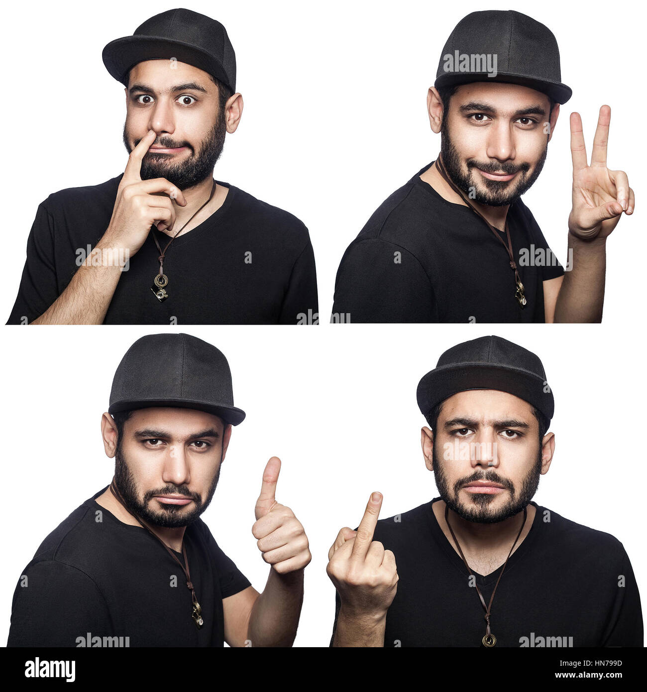 Mosaic of middle eastern expressing different emotions. The bearded man with black t-shirt and cap with four different emotions with hands. isolated o Stock Photo