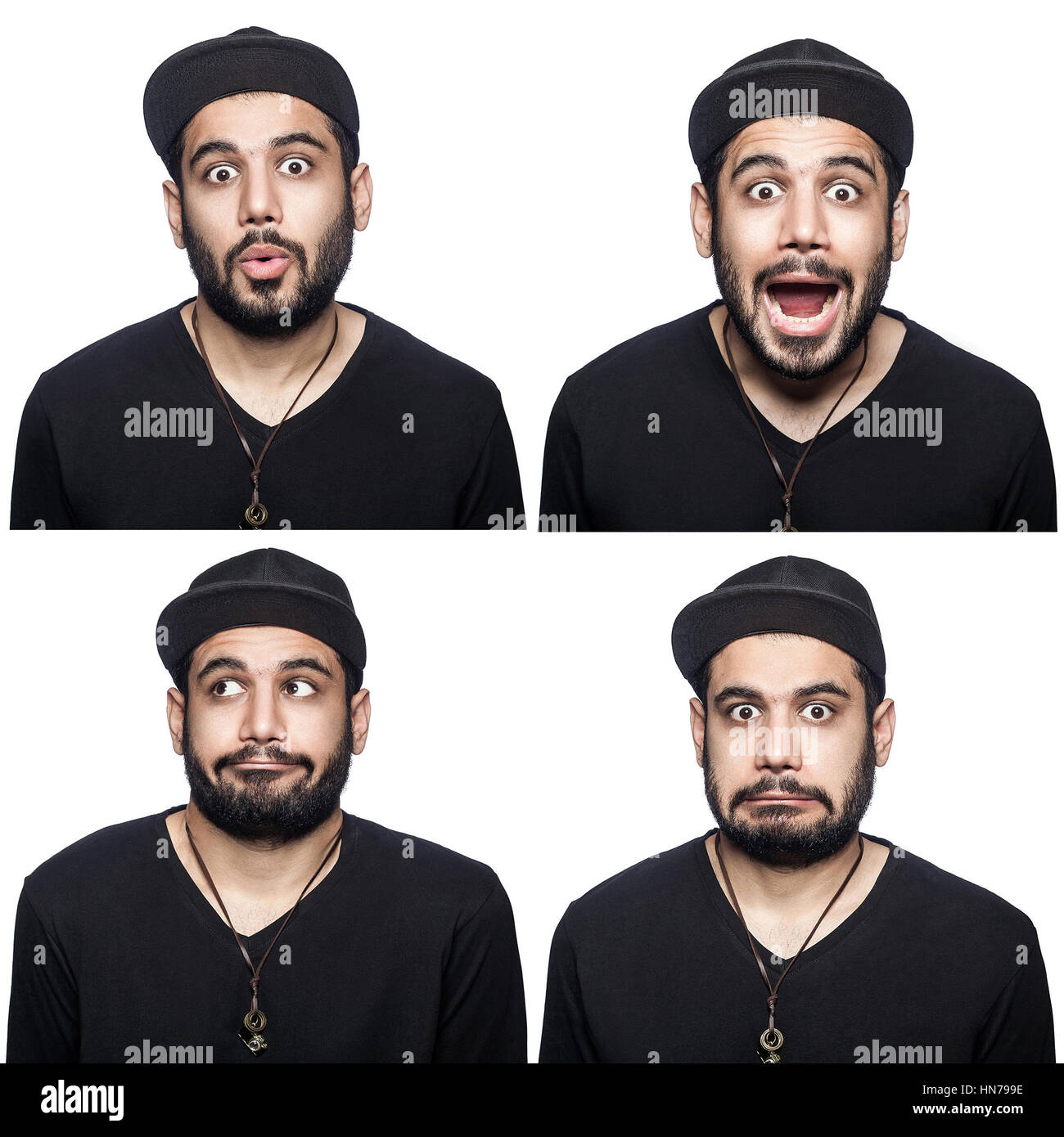 Mosaic of middle eastern expressing different excited emotions. The bearded man with black t-shirt and cap with four different surprised emotions. iso Stock Photo