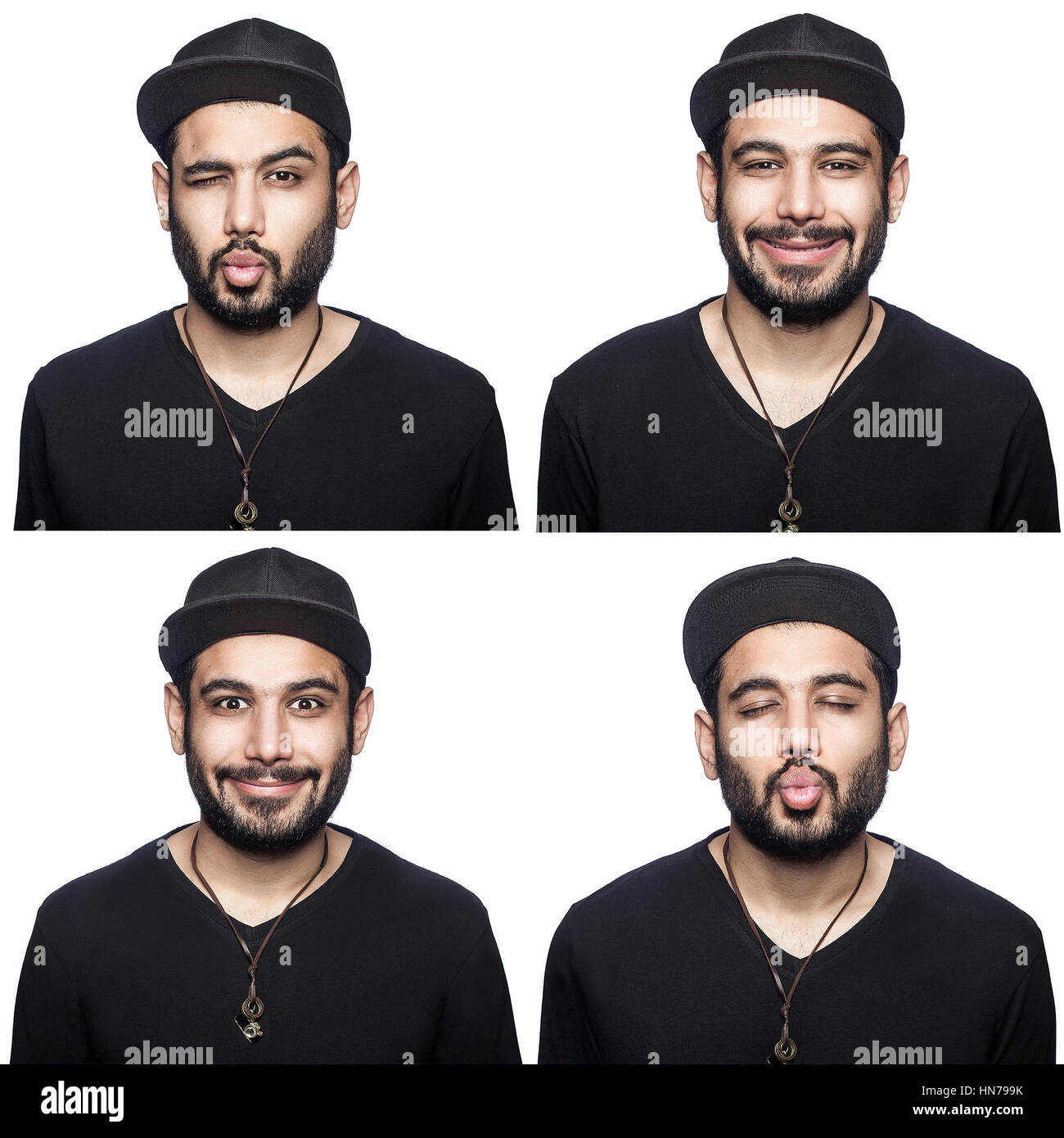 Mosaic of middle eastern expressing different emotions. The bearded man with black t-shirt and cap with four different happy kissing wink emotions. is Stock Photo