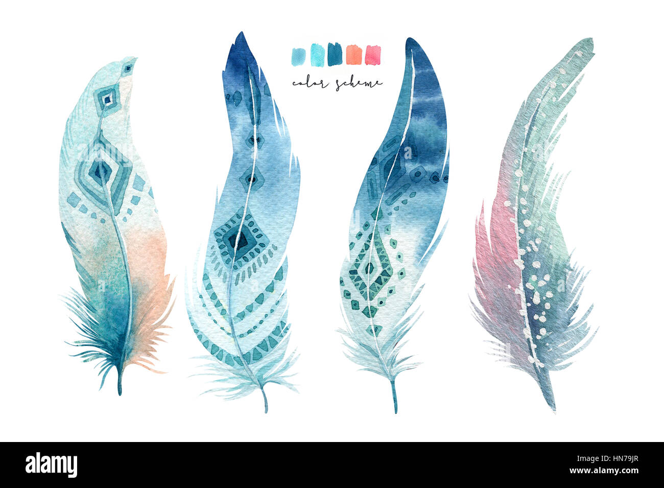 Hand drawn watercolor paintings vibrant feather set. Boho style Stock ...