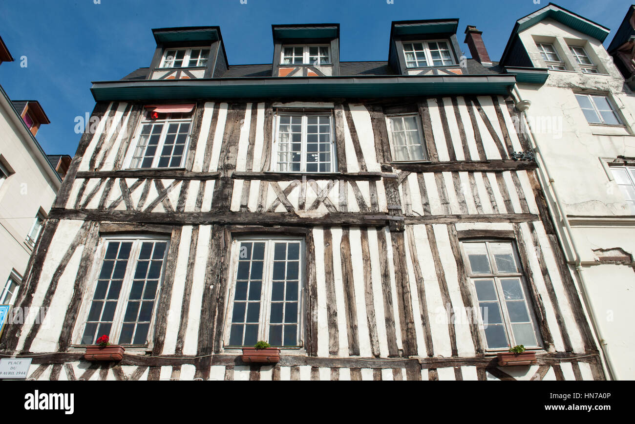 FRANCE, ROUEN - AUGUST 11 2012: Typical building facade wooden architecture in timber framing medieval style Stock Photo