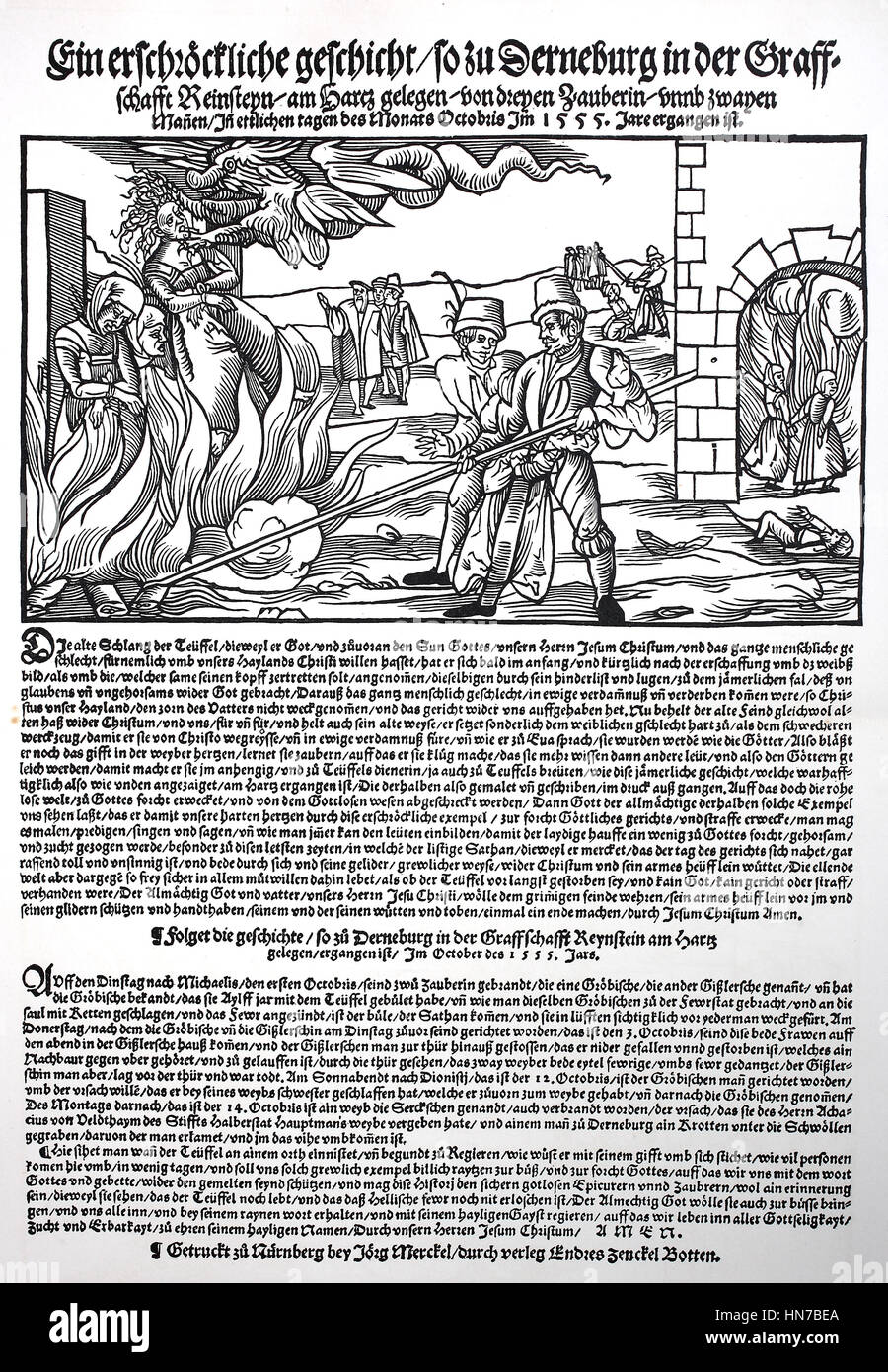 Witch burning, flyer from the year 1555, depicts a witch burning in Regenstein am Harz, Germany, Hexenverbrennung, Flugblatt aus dem Jahre 1555, schildert eine Hexenverbrennung in Regenstein am Harz, Deutschland, woodcut from 1885, digital improved Stock Photo