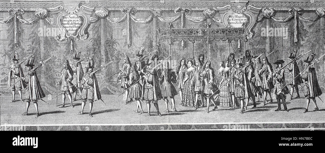 Group of the queen in the procession of Frederick I of Prussia, Gruppe der Koenigin im Kroenungszug von Friedrich I. von Preussen, Frederick I, Friedrich I, 1657 - 1713, woodcut from 1885, digital improved Stock Photo