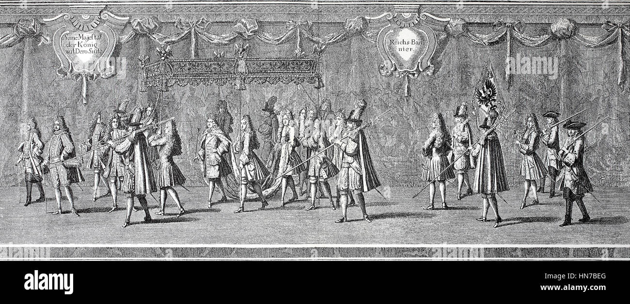 Group of the king in the procession of Frederick I of Prussia, Gruppe des Koenigs im Kroenungszug von Friedrich I. von Preussen, Frederick I, Friedrich I, 1657 - 1713, woodcut from 1885, digital improved Stock Photo