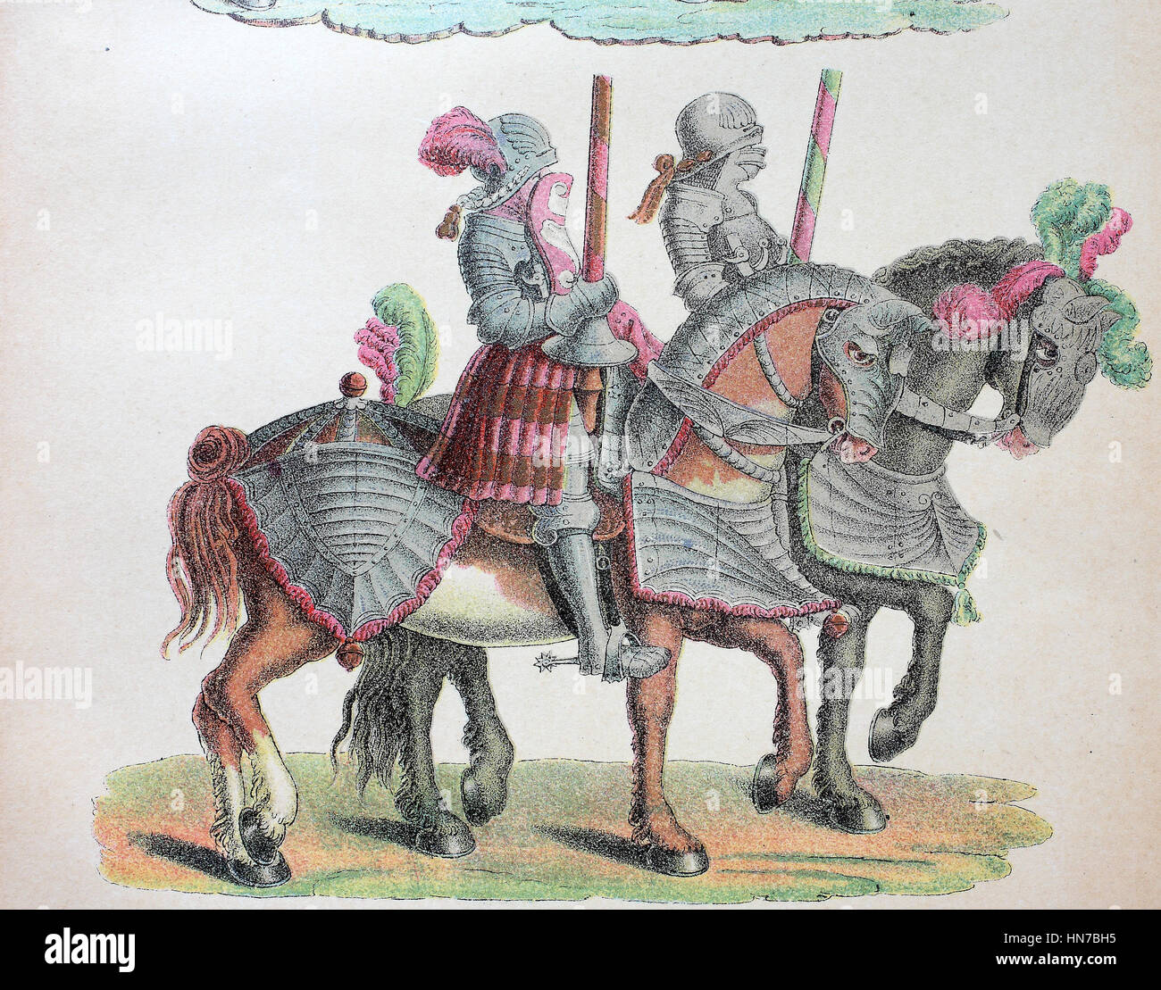 Knights with horses move to the tournament, from the tournament book of Emperor Maximilian, Ritter mit Pferd ziehen zum Turnier, aus dem Turnierbuch von Kaiser Maximilian, woodcut from 1885, digital improved Stock Photo