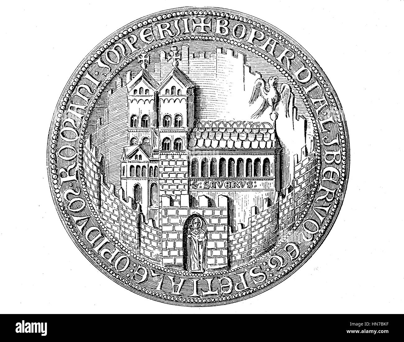 Medieval town seal from the 13th to 15th century, here Boppard, Germany, Mittelalterliches Stadtsiegel aus dem 13. bis 15. Jahrhundert, hier Boppard, Deutschland, woodcut from 1885, digital improved Stock Photo