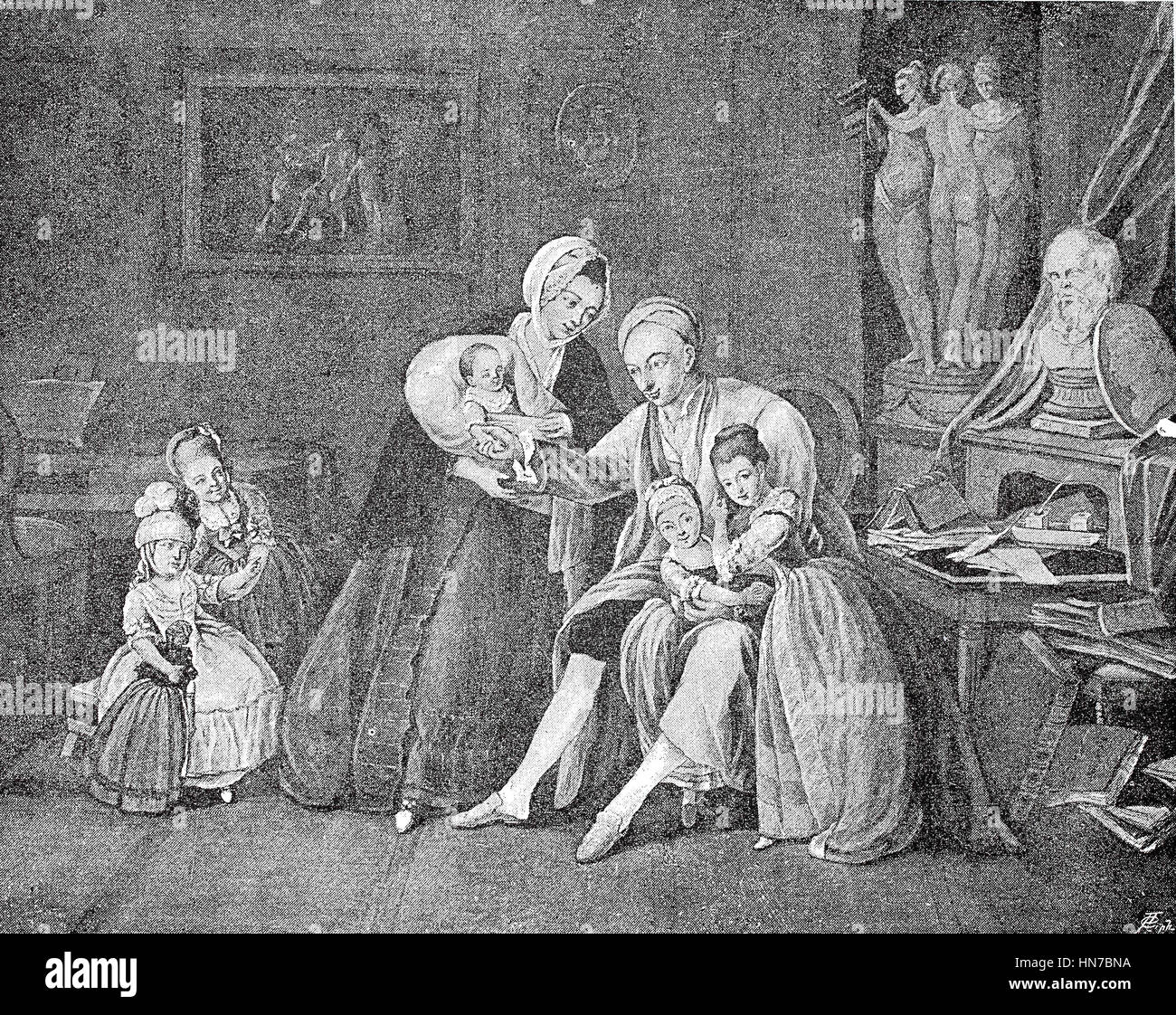 Christoph Martin Wieland, 1733 - 1813, a German poet and writer, here with his wife Anna Dorothea Hillenbrand and the children. Wieland, seine Frau Anna Dorothea Hillenbrand, 1746 - 1801, und ihre Kinder. Christoph Martin Wieland, 1733 - 1813 war ein deutscher Dichter, Übersetzer und Herausgeber zur Zeit der Aufklaerung, woodcut from 1885, digital improved Stock Photo