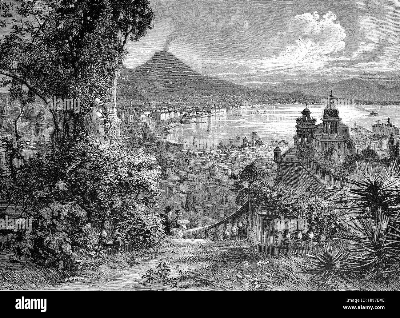 View of Naples and Mount Vesuvius from Corso Vittorio Emanuele, Italy, Blick auf Neapel und den Vesuv vom Corso Vittorio Emanuele, Italien, woodcut from 1885, digital improved Stock Photo
