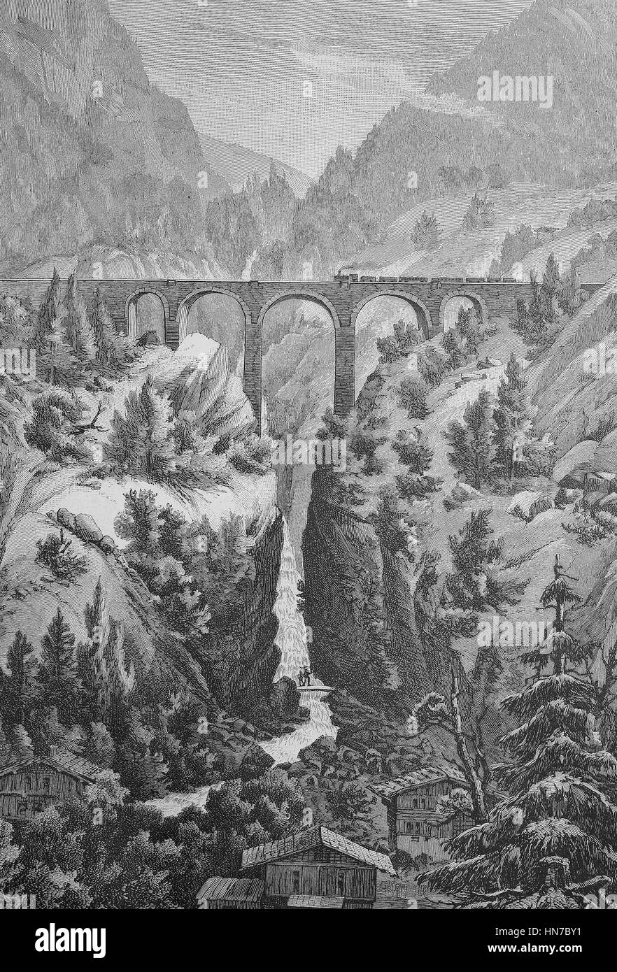 The Viaduct of the Arlbergbahn at Dalaas, Austria, Das Viadukt der Arlbergbahn bei Dalaas, Oesterreich, woodcut from 1885, digital improved Stock Photo