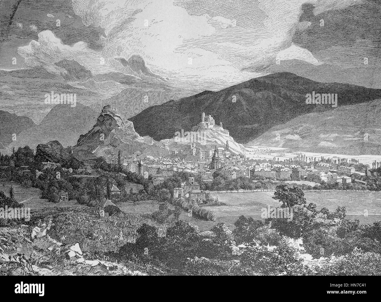 View of Sion, Sion, Switzerland, Valais, Ansicht von Sion, Sitten, Schweiz, Wallis, woodcut from 1885, digital improved Stock Photo