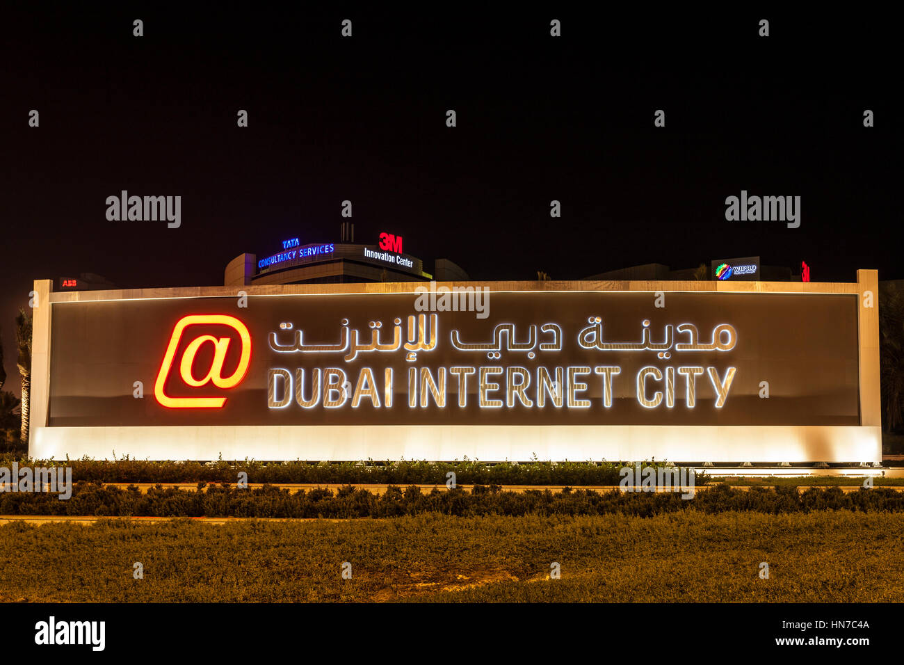 DUBAI, UAE - DEC 5, 2016: The Dubai Internet City sign illuminated at night. Dubai, United Arab Emirates, Middle East Stock Photo