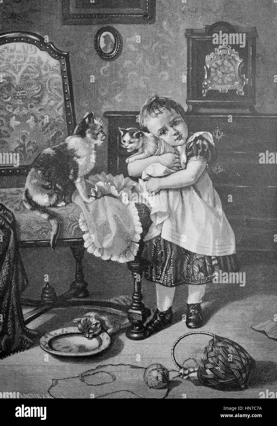 Child hugs young cat, animal friendliness, Kind umarmt junge Katze, Tierfreundschaft, woodcut from 1885, digital improved Stock Photo