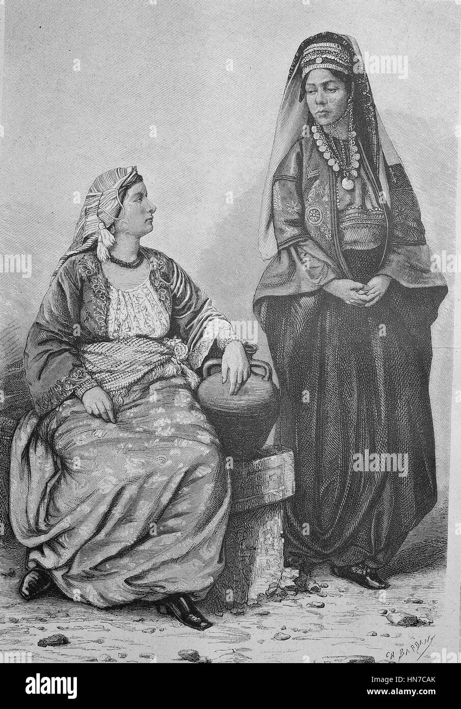 Christian women in Syria, Tripoli, christliche Frauen in Syrien, Tripoli, woodcut from 1885, digital improved Stock Photo