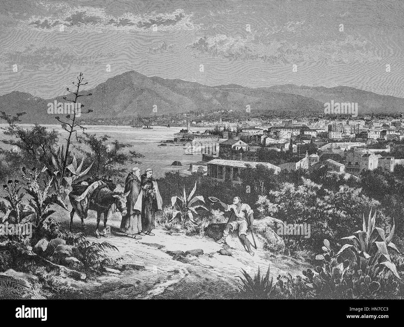 View of Palermo, Sicily, Italy, Ansicht von Palermo, Sizilien, Italien, woodcut from 1885, digital improved Stock Photo
