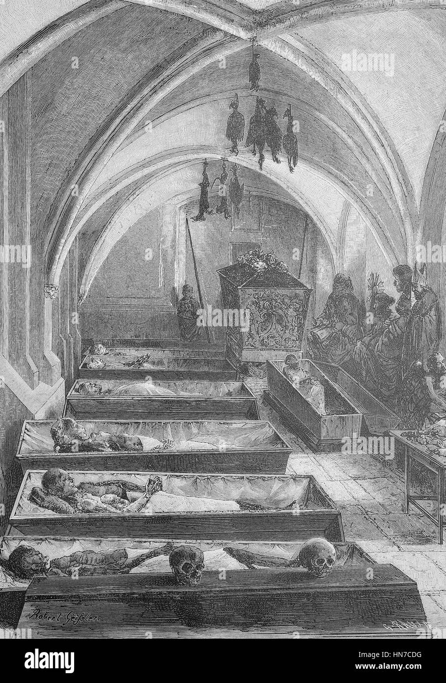 the mummies in the basement of the Cathedral of Bremen, Germany, called Bleikeller, Der Bleikeller im Dom von Bremen mit Mumien, woodcut from 1885, digital improved Stock Photo