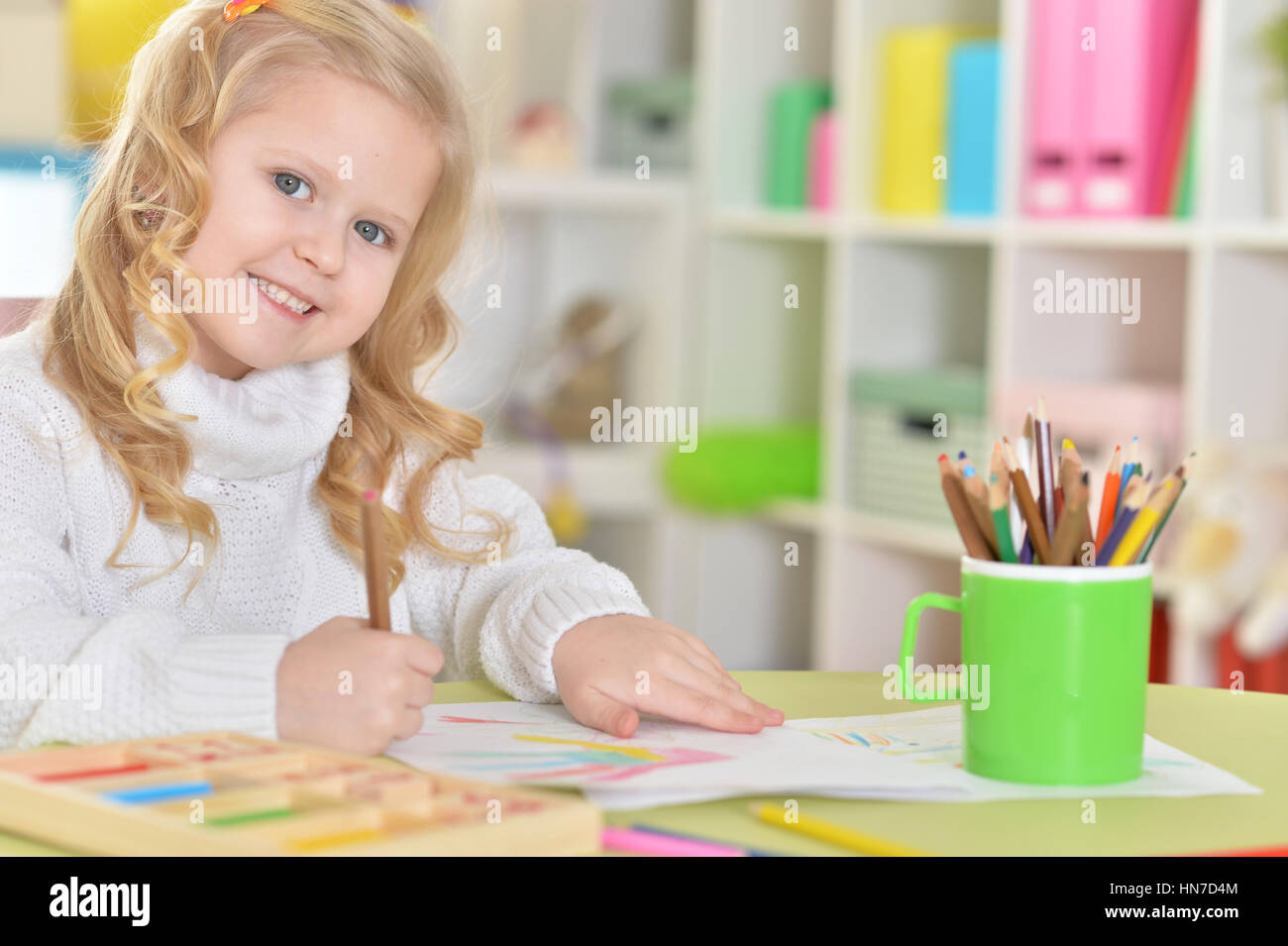 cute little girl drawing Stock Photo Alamy