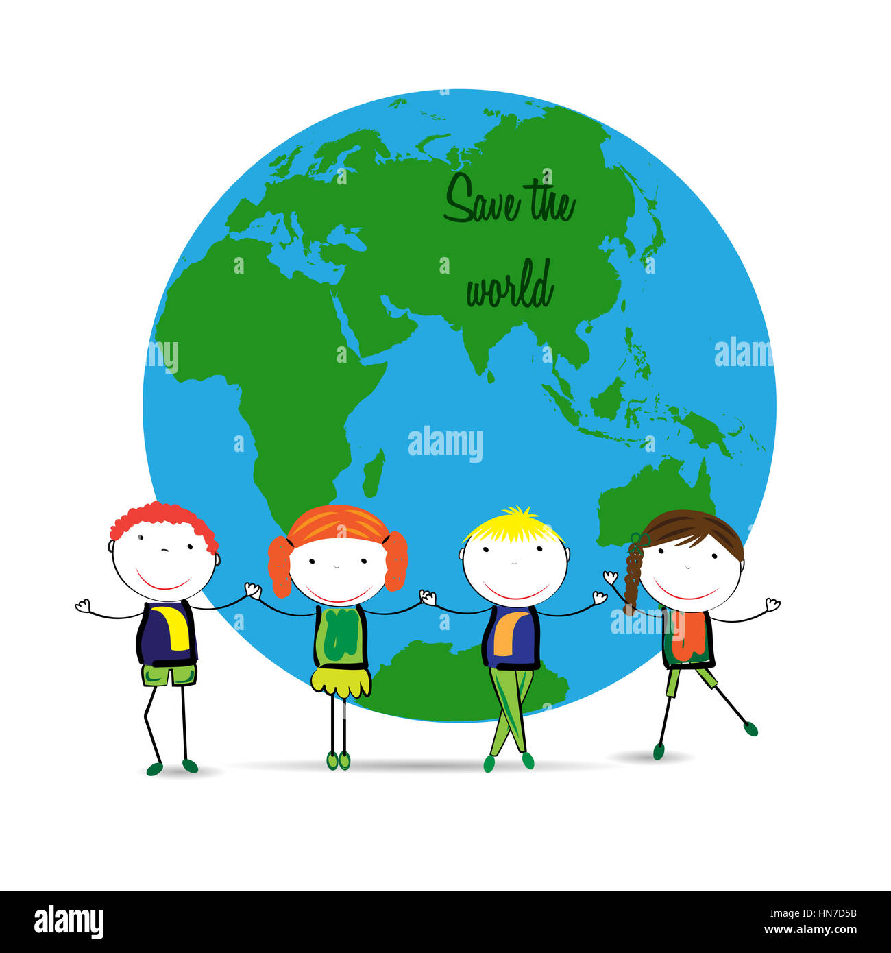 Happy and cute kids with globe, abstract drawing Stock Photo