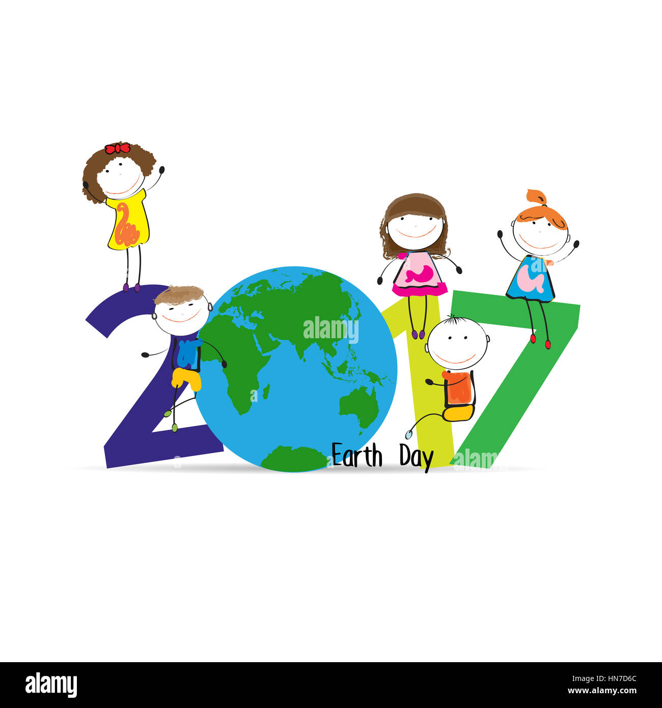 Happy and cute kids with globe, abstract drawing Stock Photo