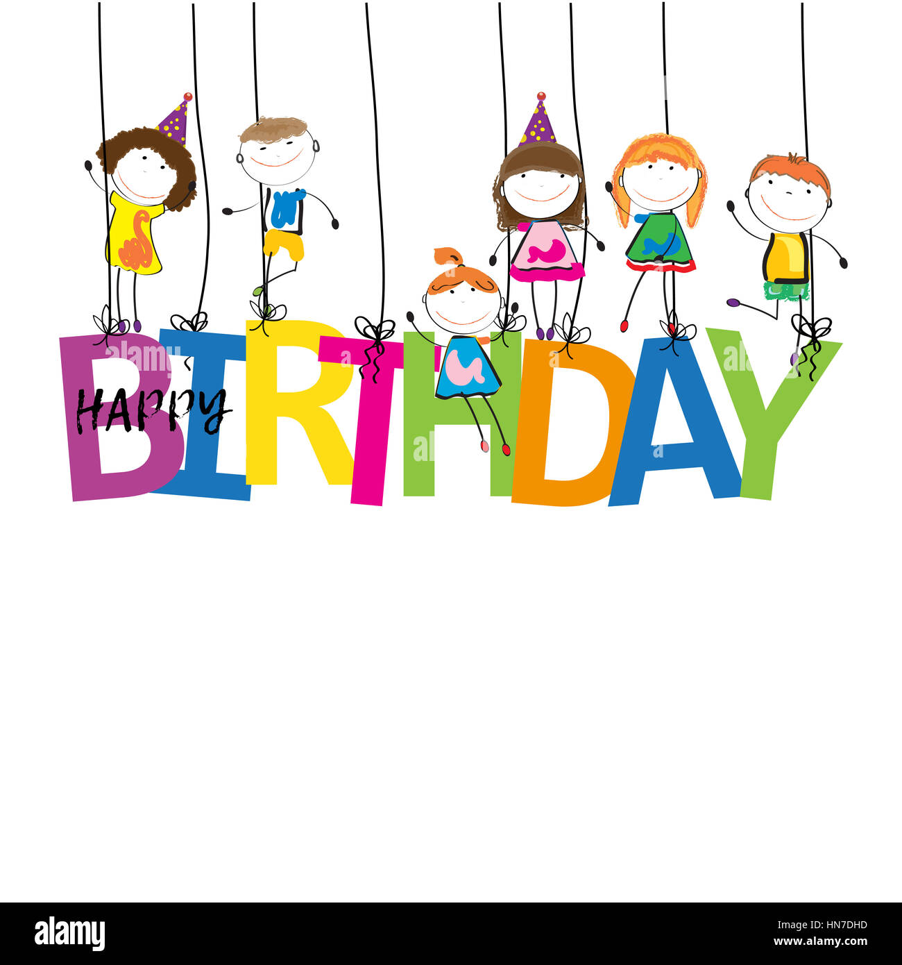 Happy boys and girls with the word birthday Stock Photo Alamy