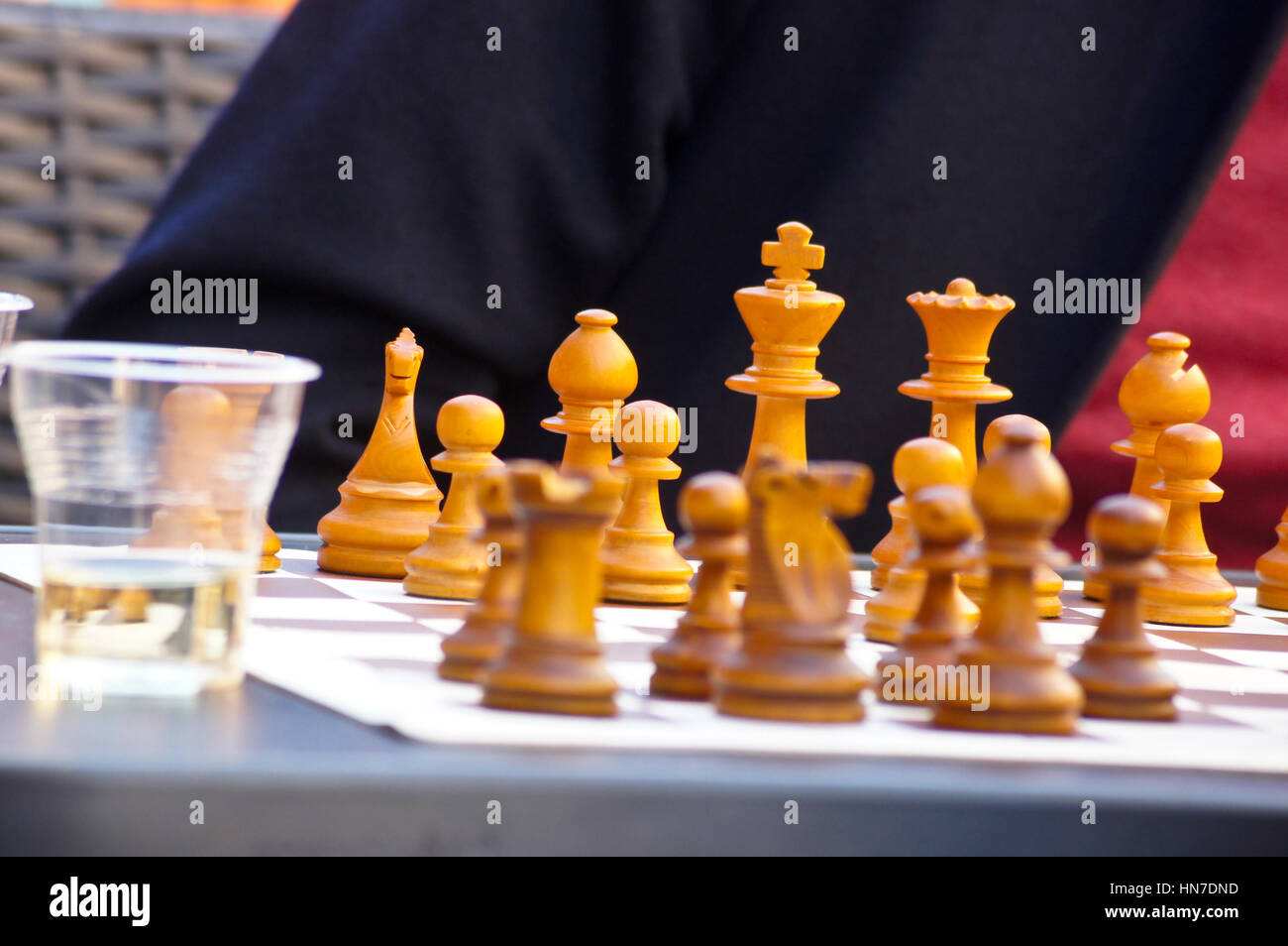 Wooden chess pieces at an outdoor restaurant table, Toulouse, Haute ...