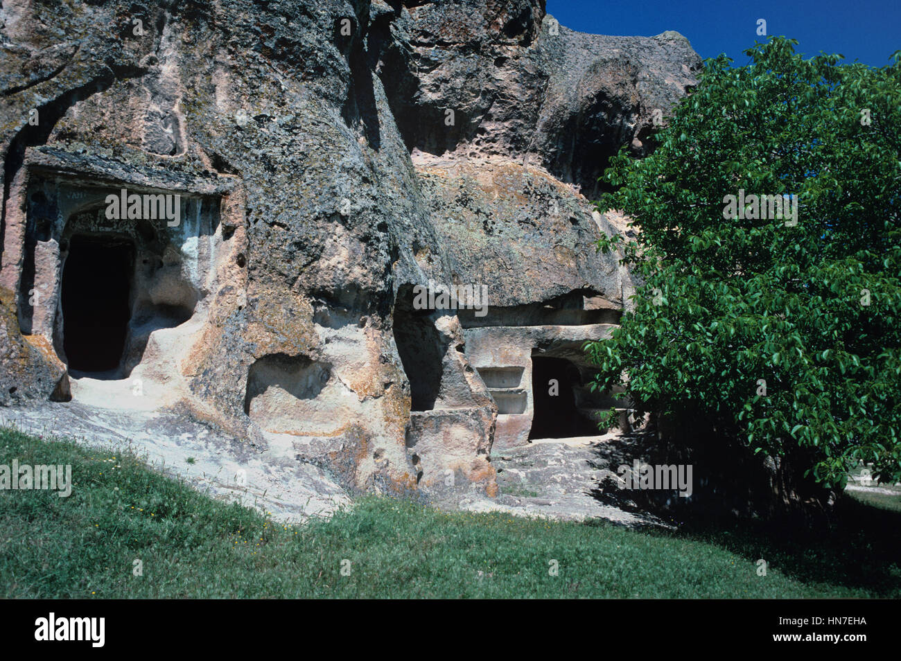 Cave Dwellings or Troglodyte Rock-Cut Houses at Midas Sehri (Yazilkaya), the Historic Setting on the City of King Midas, Phrygia, Turkey Stock Photo