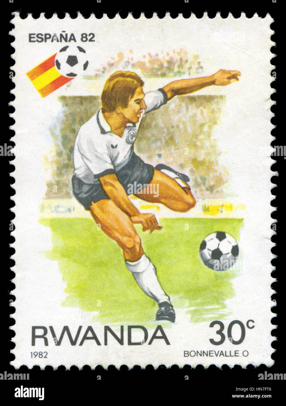Postmarked stamp from Rwanda in the Football World Cup 1982, Spain series issued in 1982 Stock Photo