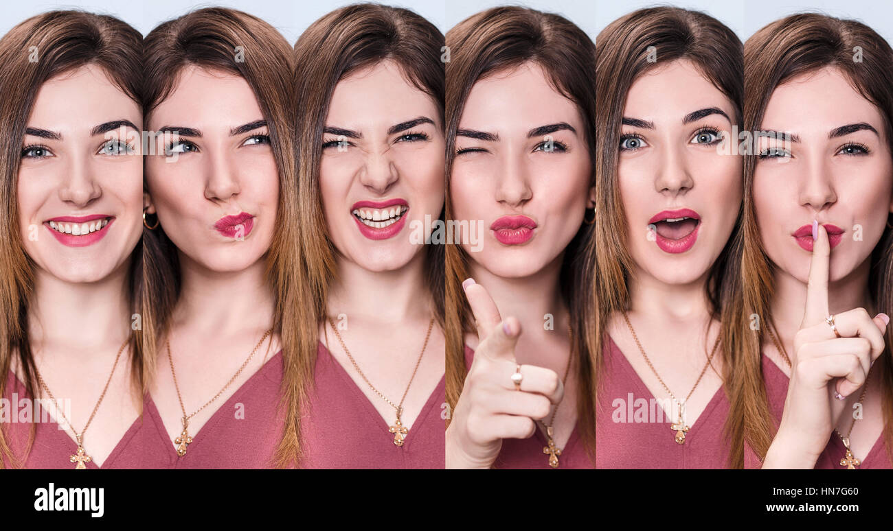 Set of young woman with different expressions. Stock Photo