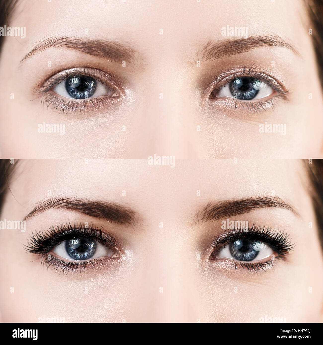 Female eyes before and after eyelash extension. Stock Photo
