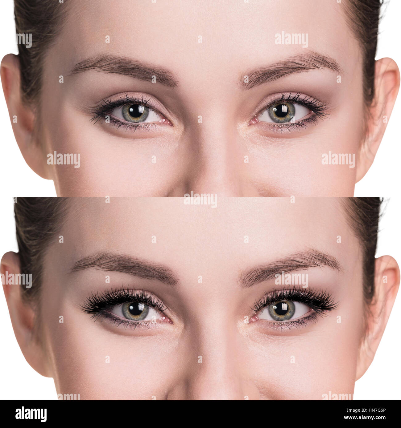 Female eyes before and after eyelash extension Stock Photo