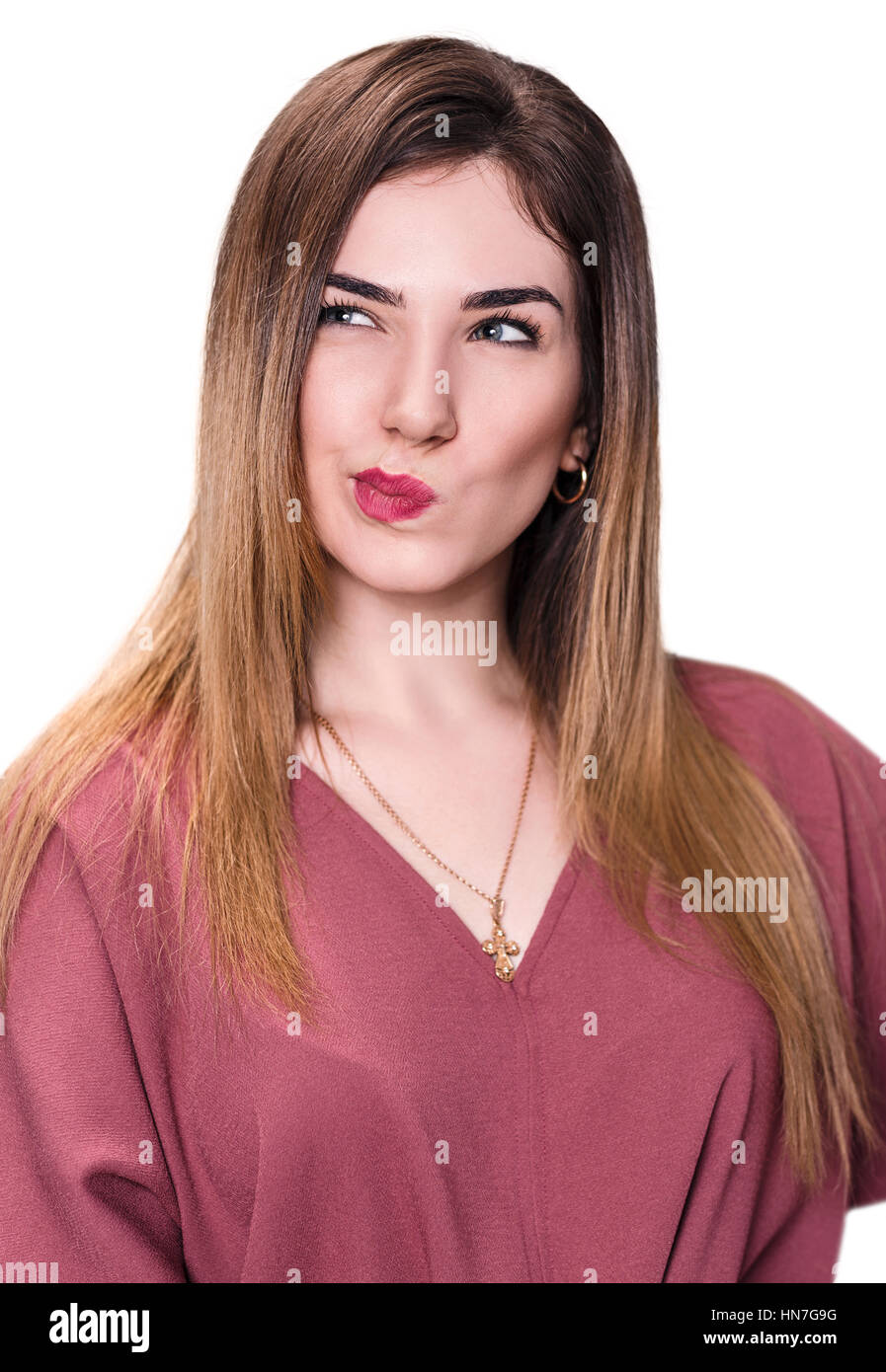 Young funny woman thinking. Stock Photo