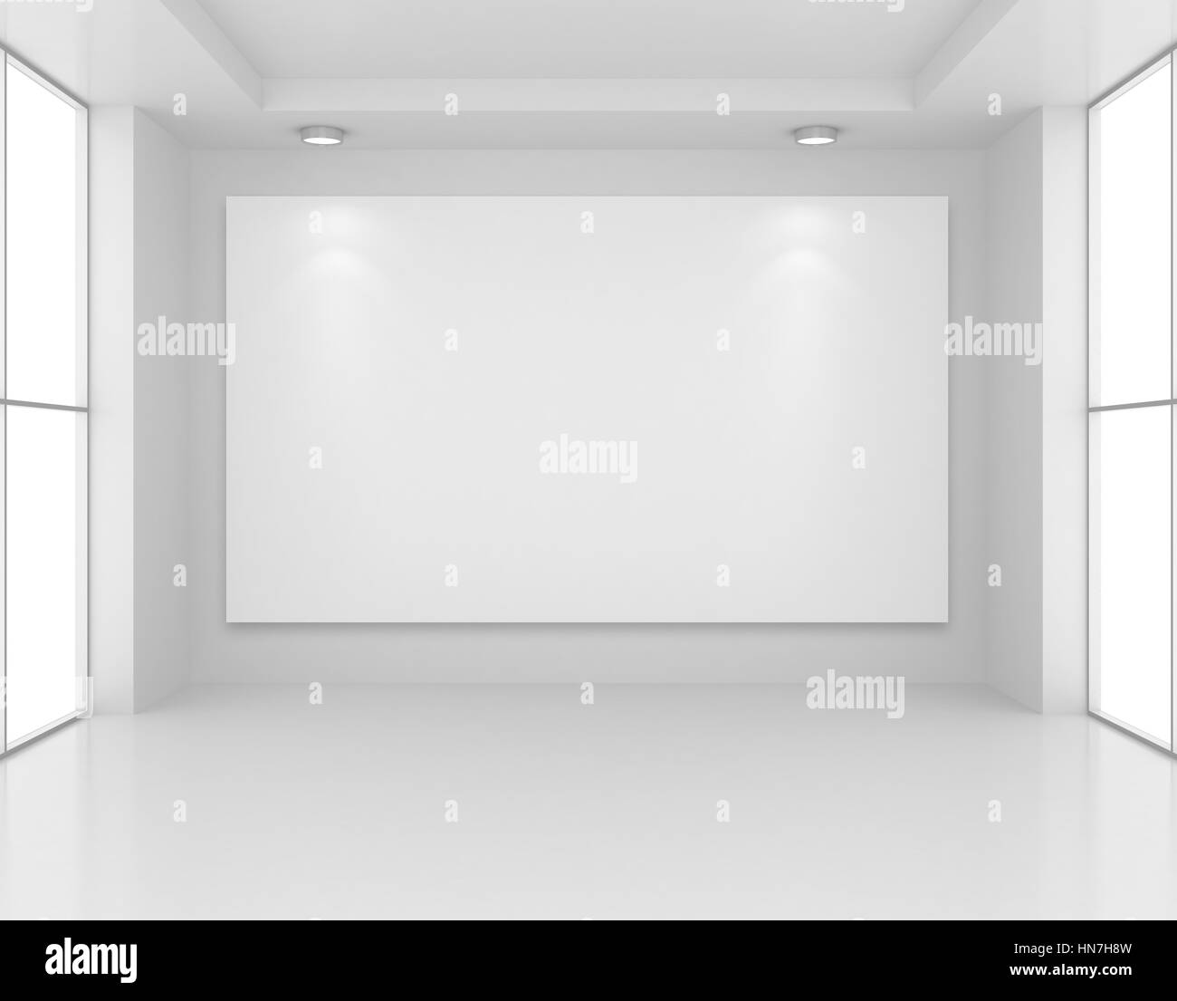 Gallery Interior with empty frame on wall and lights. 3d rendering Stock Photo