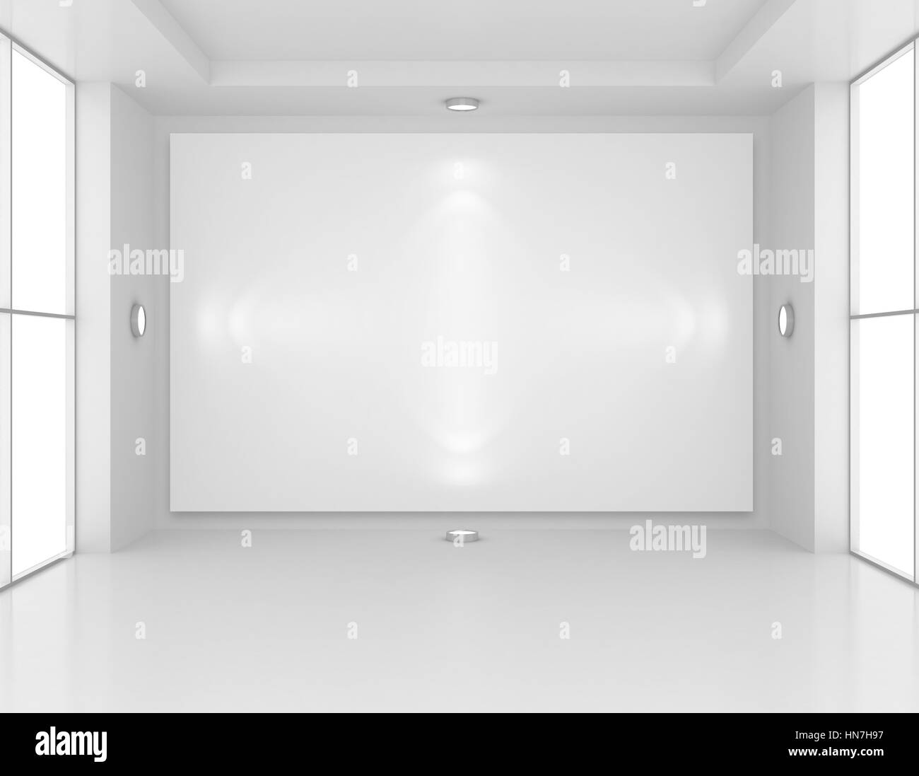 Gallery Interior with empty frame on wall and lights. 3d rendering Stock Photo