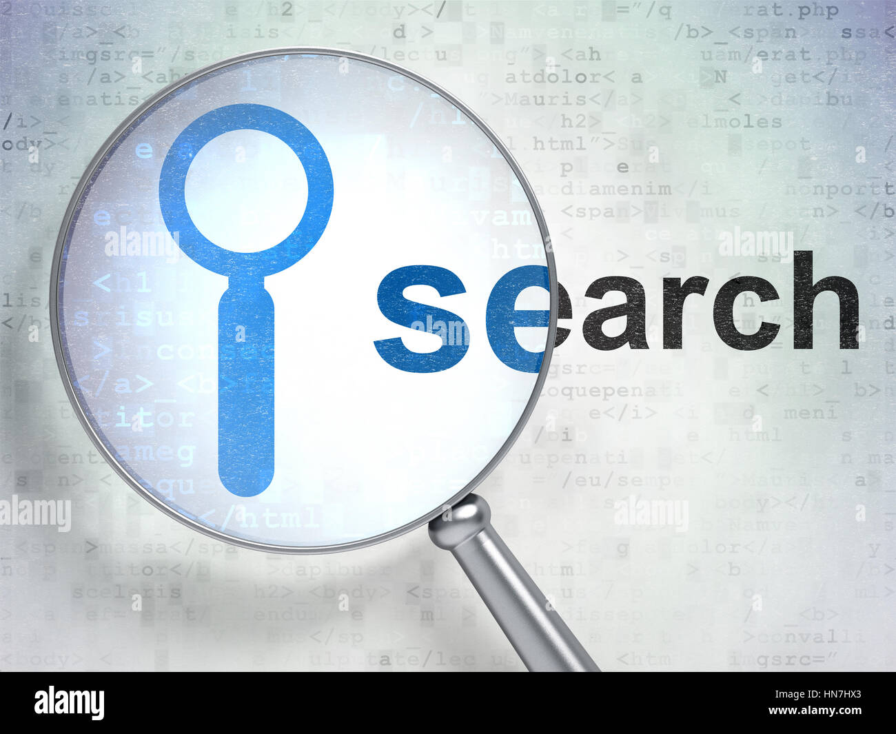 Web development concept: magnifying optical glass with Search icon and ...